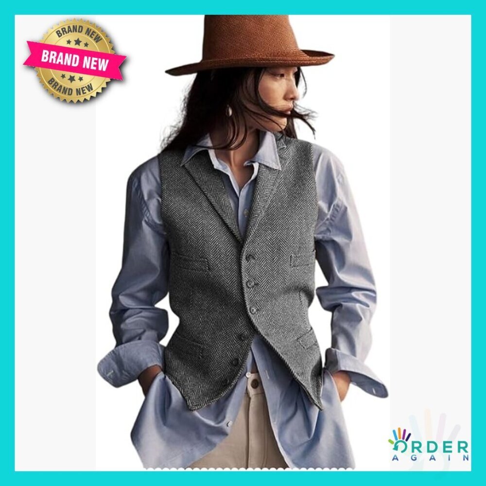 Herringbone Tweed Vest Lapel Sleeveless Blazer V-Neck Work Office Chic
